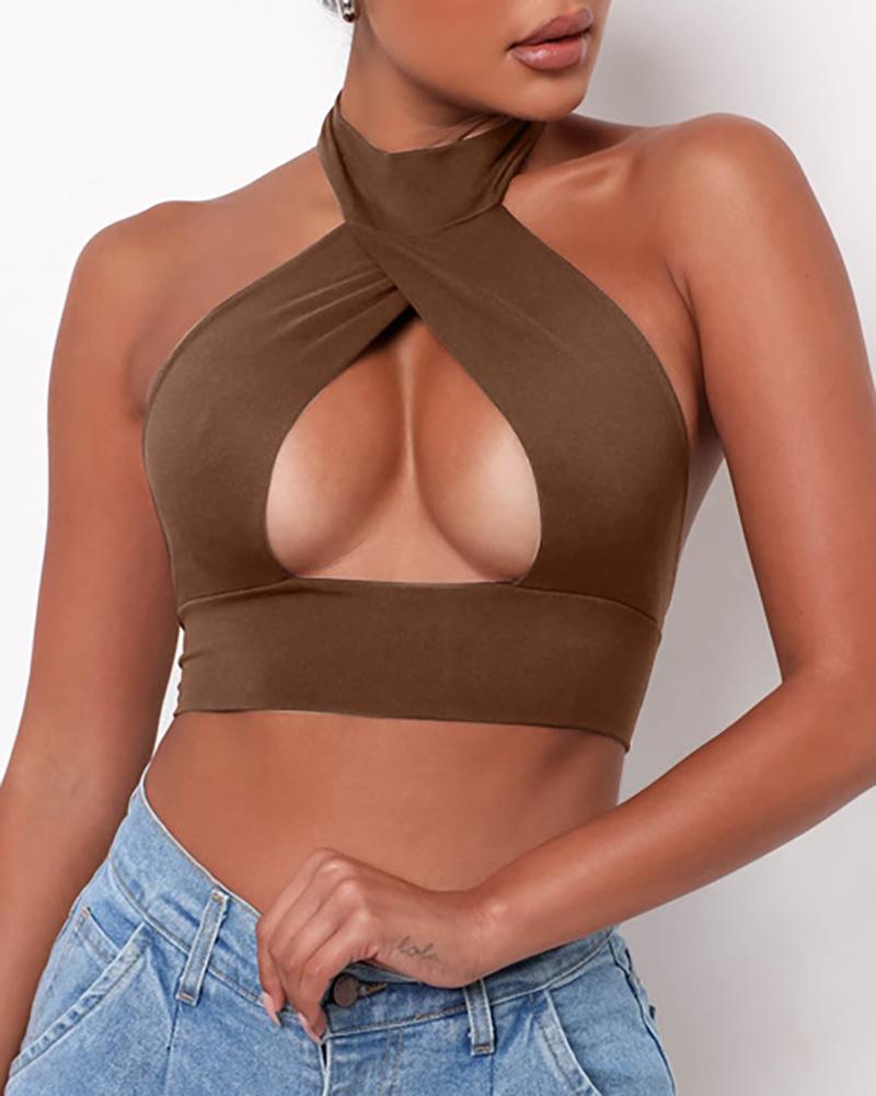 

Sleeveless Halter Cutout Front Skinny Crop Top, Brown