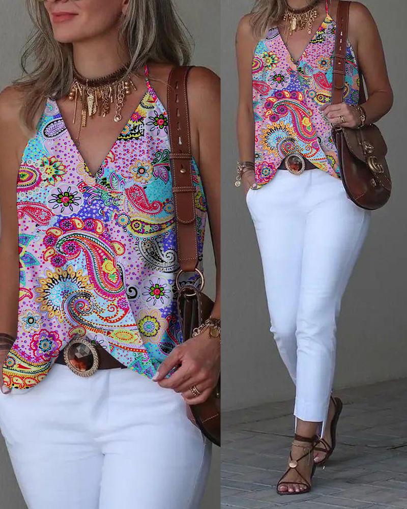 

Paisley Print Halter Wrap Tank Top, Multicolor