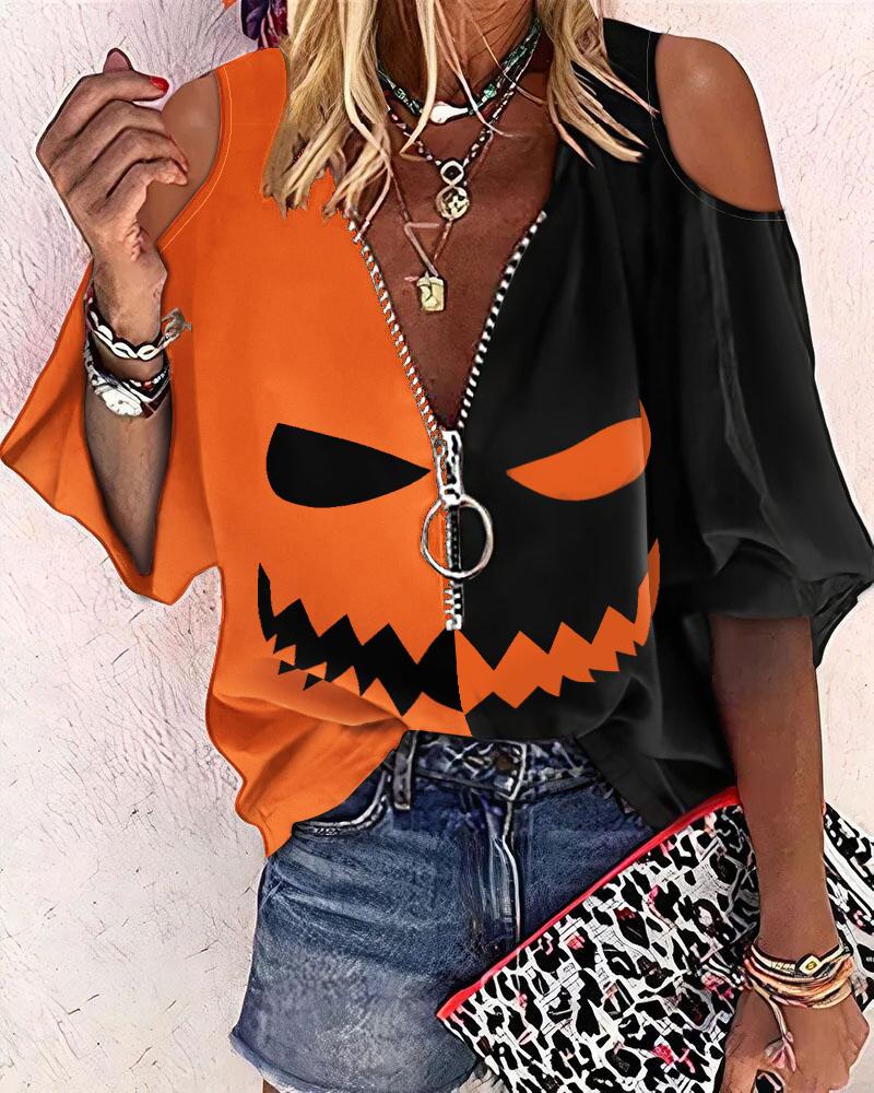 

Halloween Graphic Print Colorblock Cold Shoulder Top, Orange