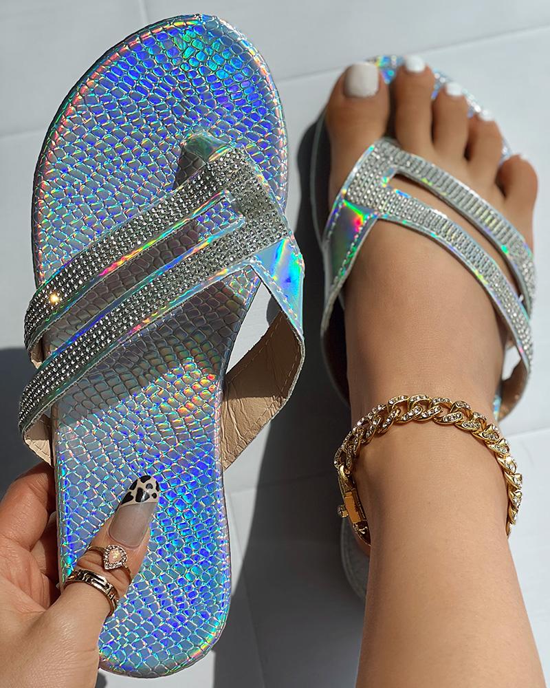 

Rhinestone Decor Toe Post Flip Flops, Silver