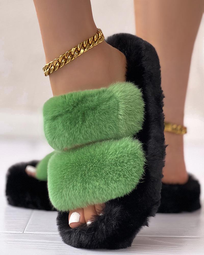 

Colorblock Double Strap Fuzzy Slippers, Green