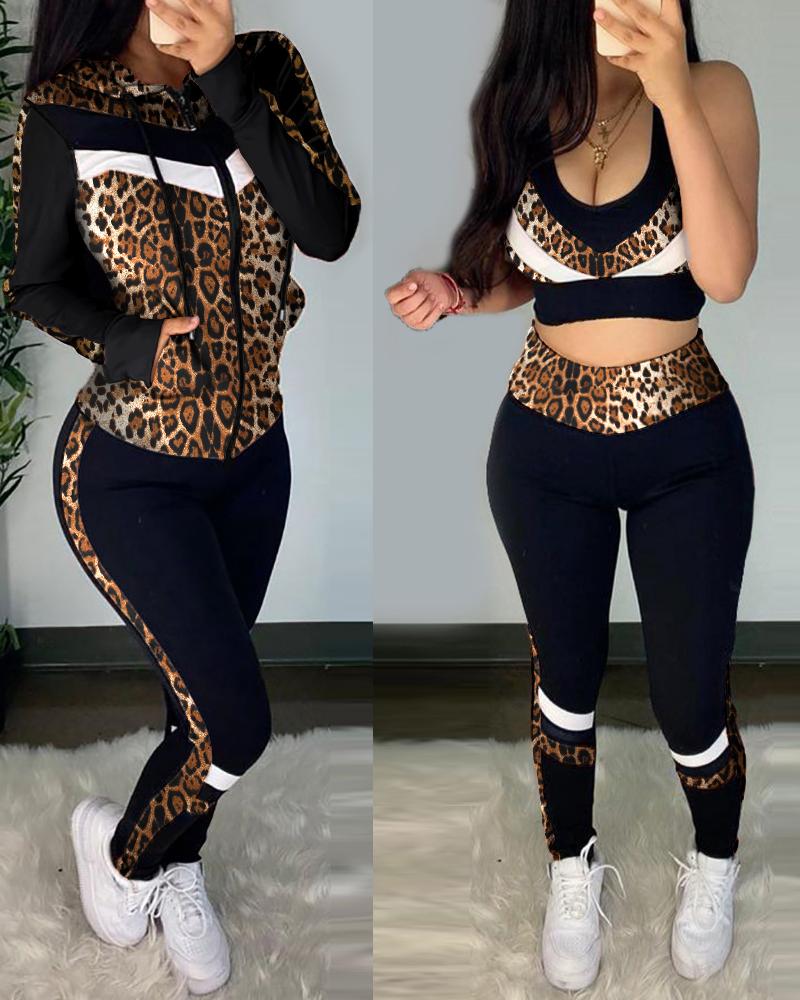 

Cheetah Print Crop Top & High Waist Pants & Hooded Coat Set, Leopard