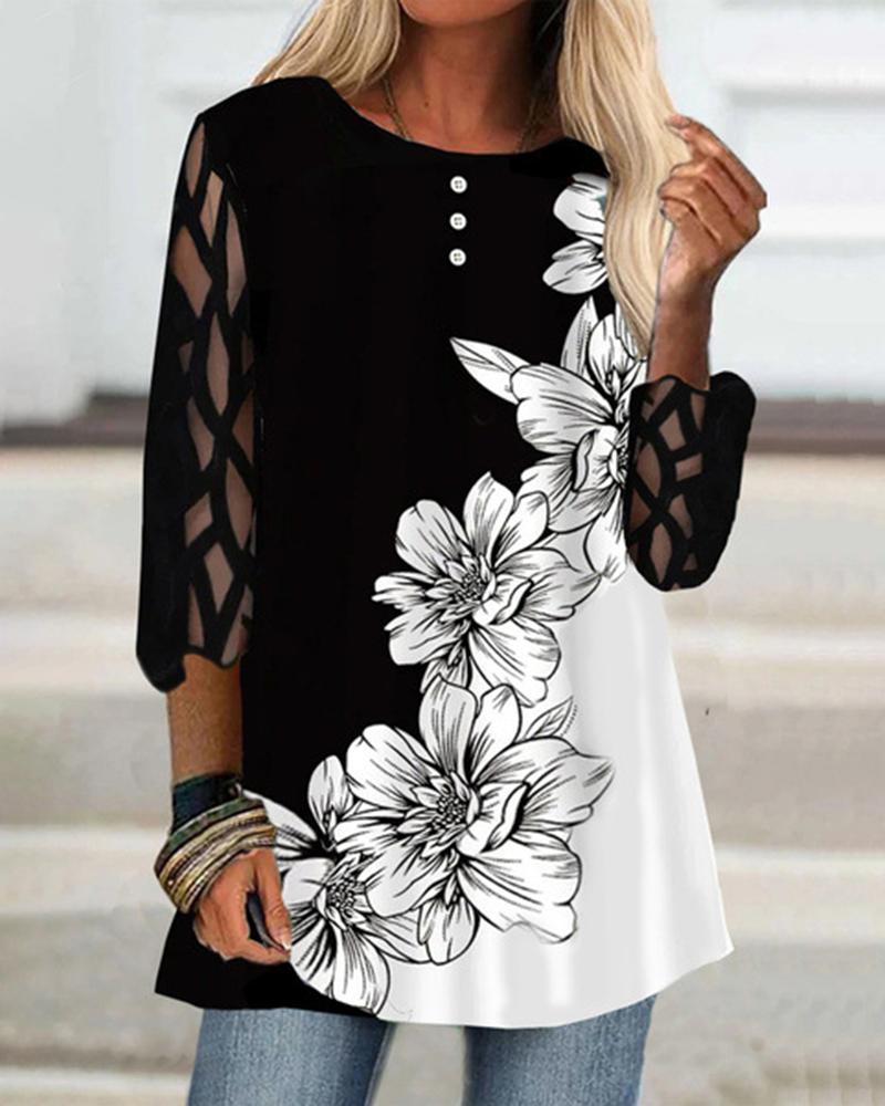 

Floral Print Colorblock Contrast Mesh Top, Black