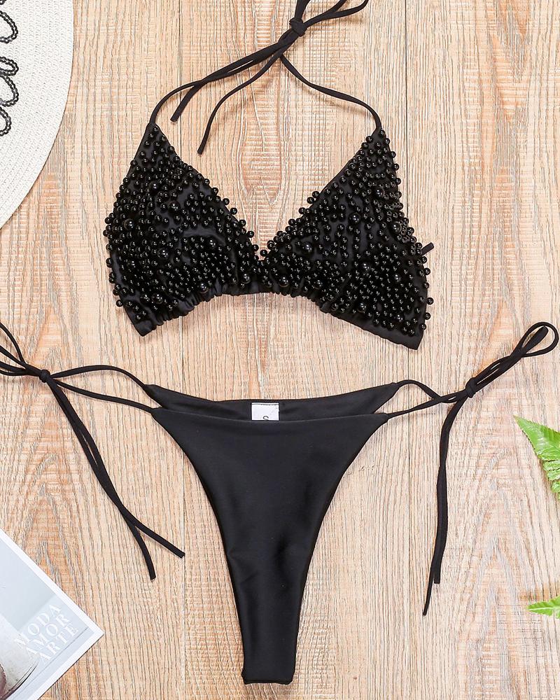 

Beaded Tied Detail Sleeveless Bikini Set, Black