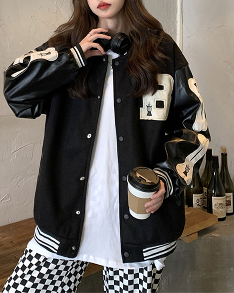 

Embroidery Letter Snap Button Drop Shoulder Bomber Jacket, Black