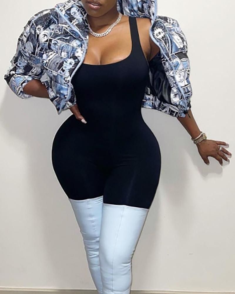 

Cartoon Print Long Sleeve Zipper Design Puffer Coat, Blue