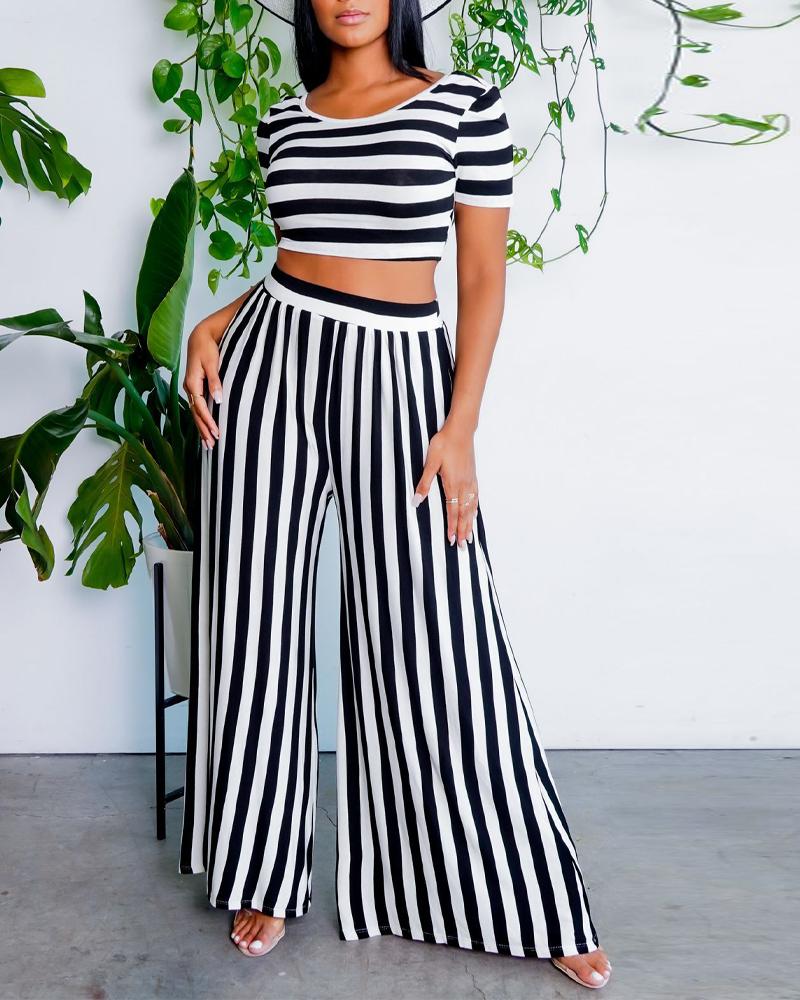 

Striped Print Crop Top & Wide Leg Pants Set, Black