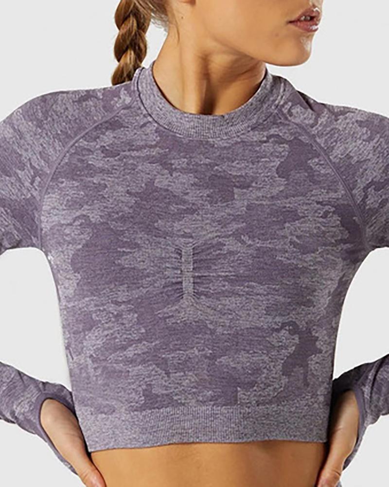 

Camouflage Pattern Cutout Long Sleeve Sporty Top, Purple