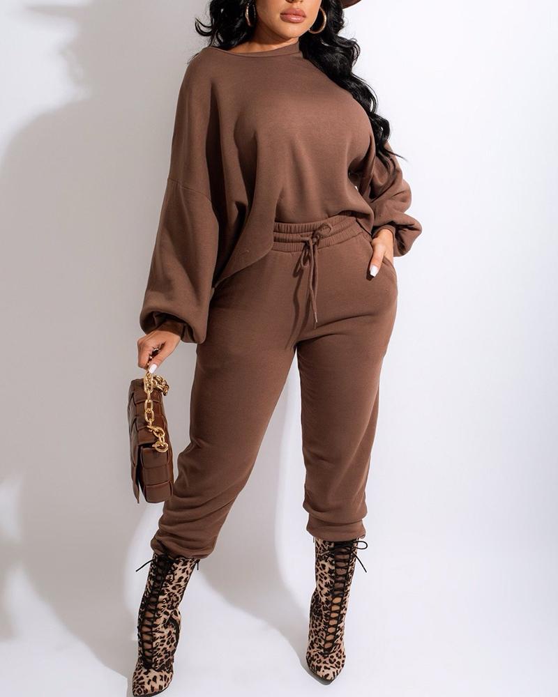 

Lantern Sleeve Top & Drawstring Pocket Design Pants Set, Dark brown