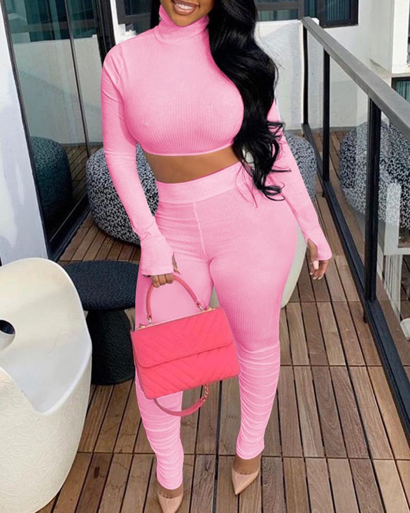 

Plain Ribbed Long Sleeve Crop Top & Ruched Pants Set, Pink