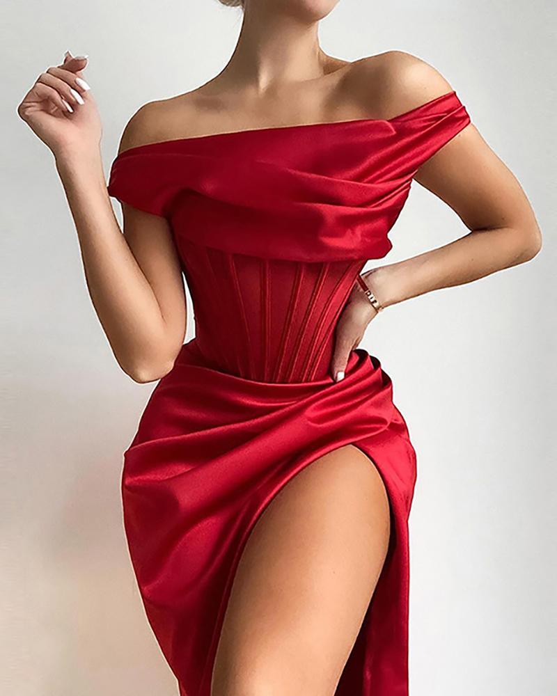 

Plain Off Shoulder Ruched High Slit Dress, Red
