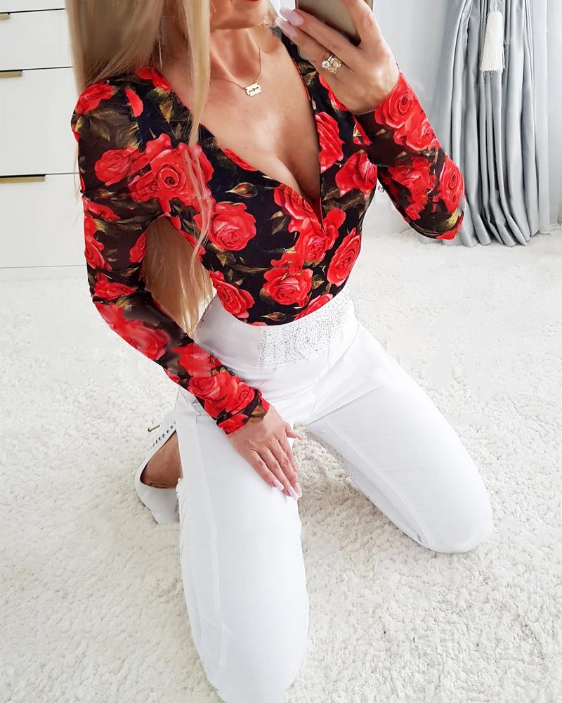 

Floral Print Deep V-Neck Puff Sleeve Top, Red