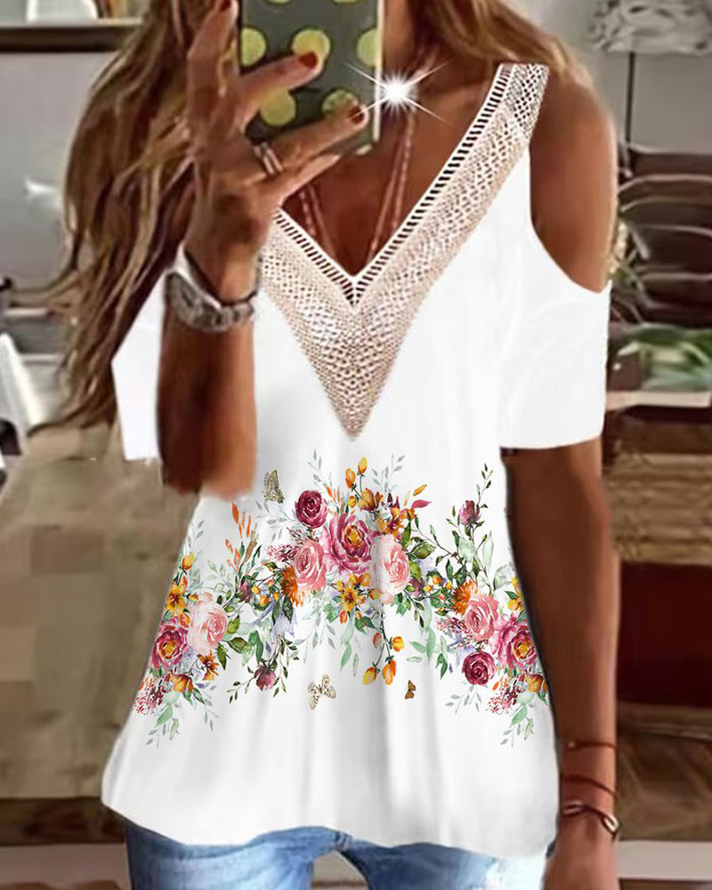 

Floral Print Cold Shoulder Lace Trim Top, White