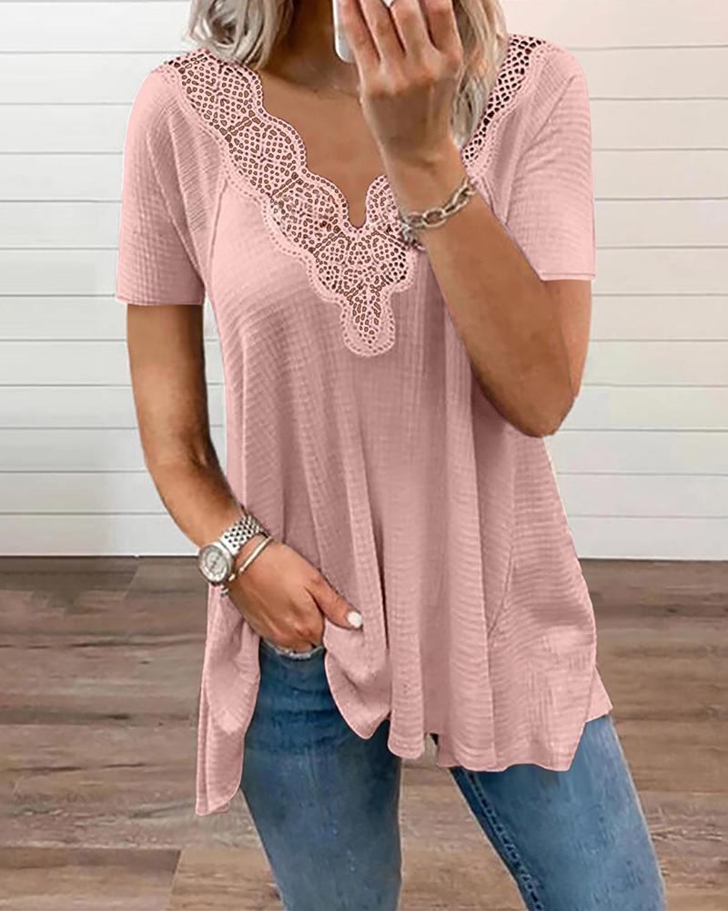 

V-Neck Crochet Lace Casual Top, Pink