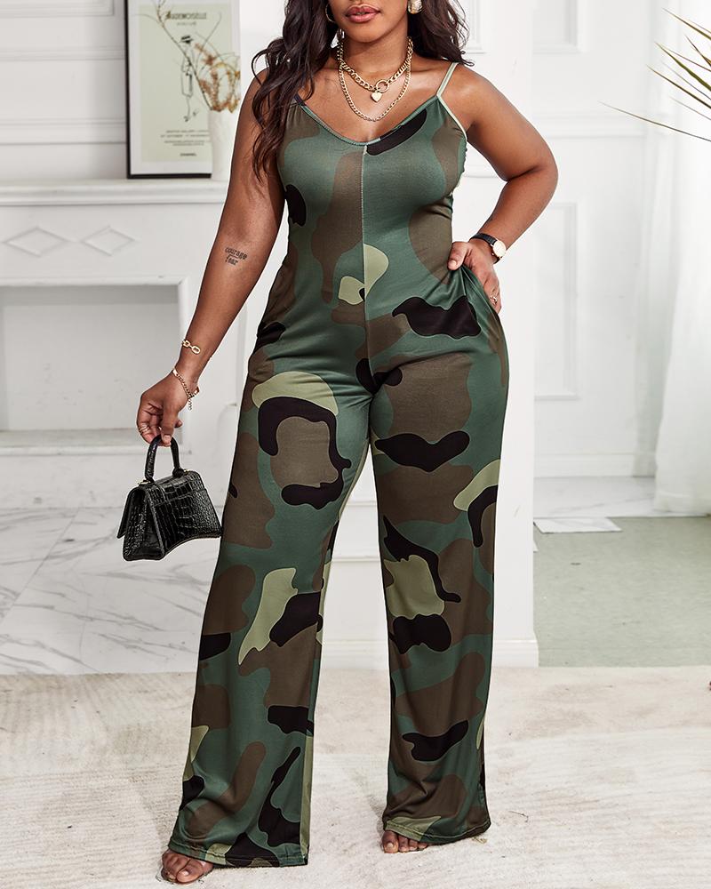 

Plus Size Camouflage Print Spaghetti Strap Jumpsuit, Green