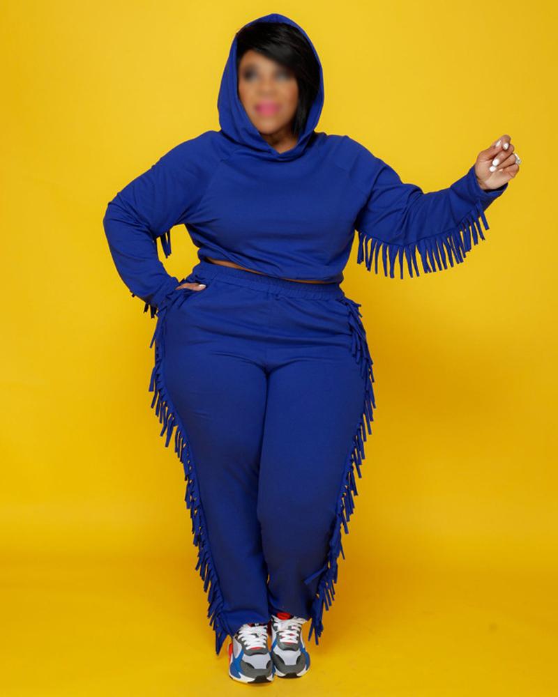 

Plus Size Tassel Trim Long Sleeve Hoodie & Pants Set, Blue