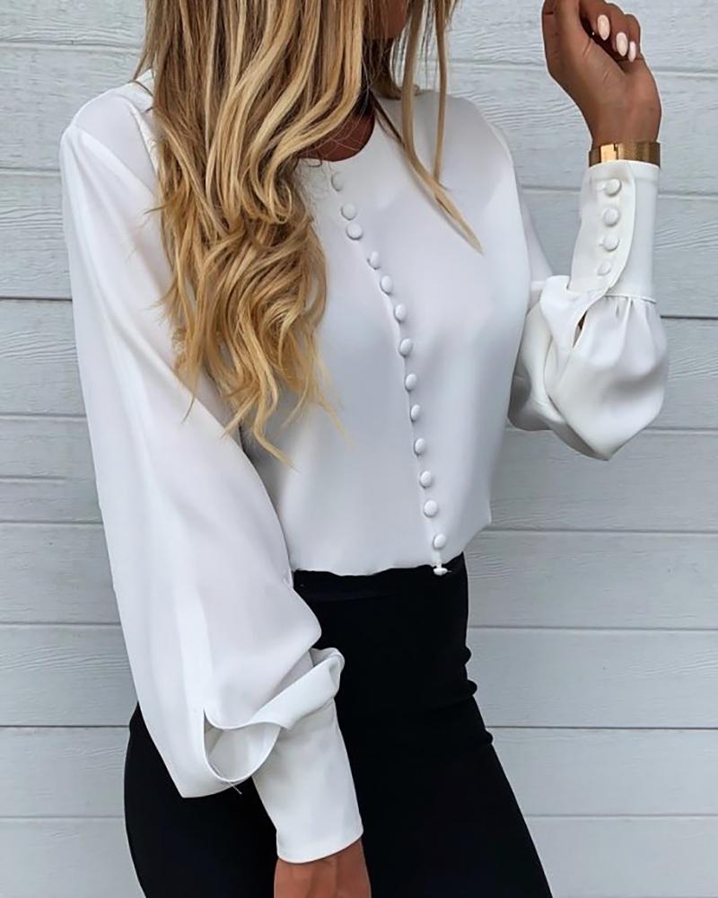 

Plain Button Design Lantern Sleeve Shirt, White