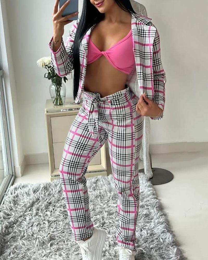 

Long Sleeve Plaid Print Blazer Coat & Tied Detail Pants Set, Pink