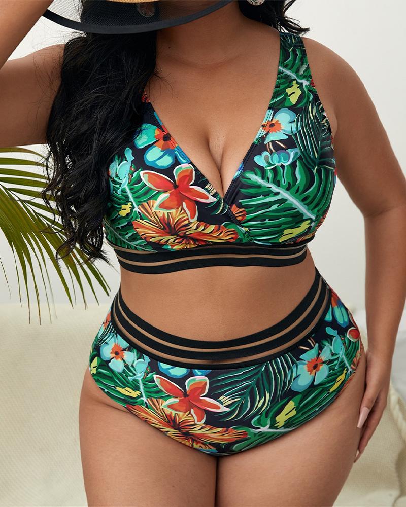 

Plus Size Tropical Print High Waist Bikini Set, Green
