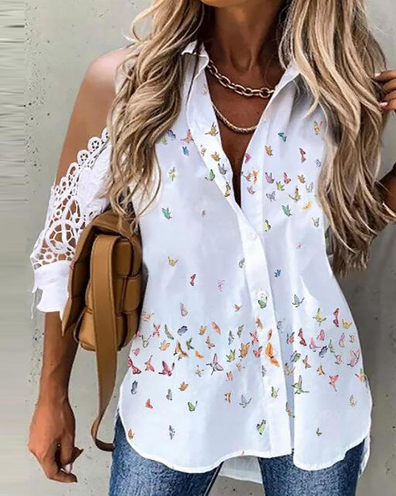 

Butterfly Print Lace Patch Cold Shoulder Top, White