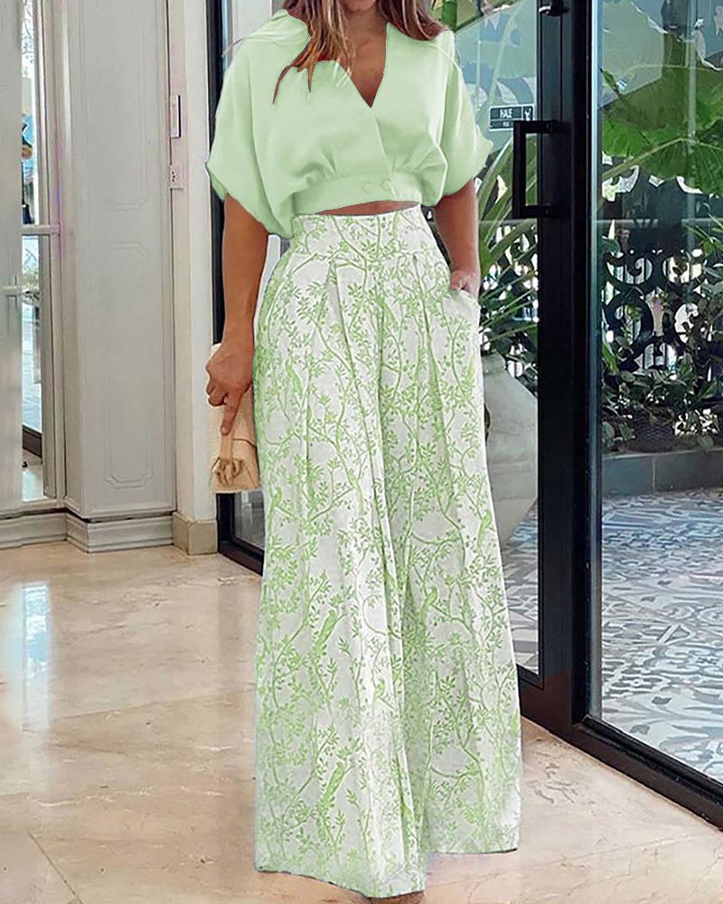 

Batwing Sleeve Top & Plants Print Wide Leg Pants Set, Light green