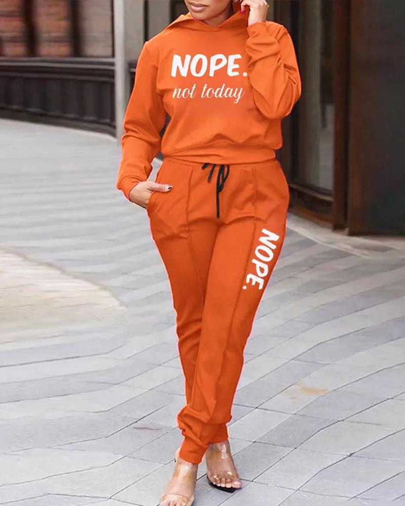

Nope Not Today Print Hooded Top & Drawstring Pants Set, Orange