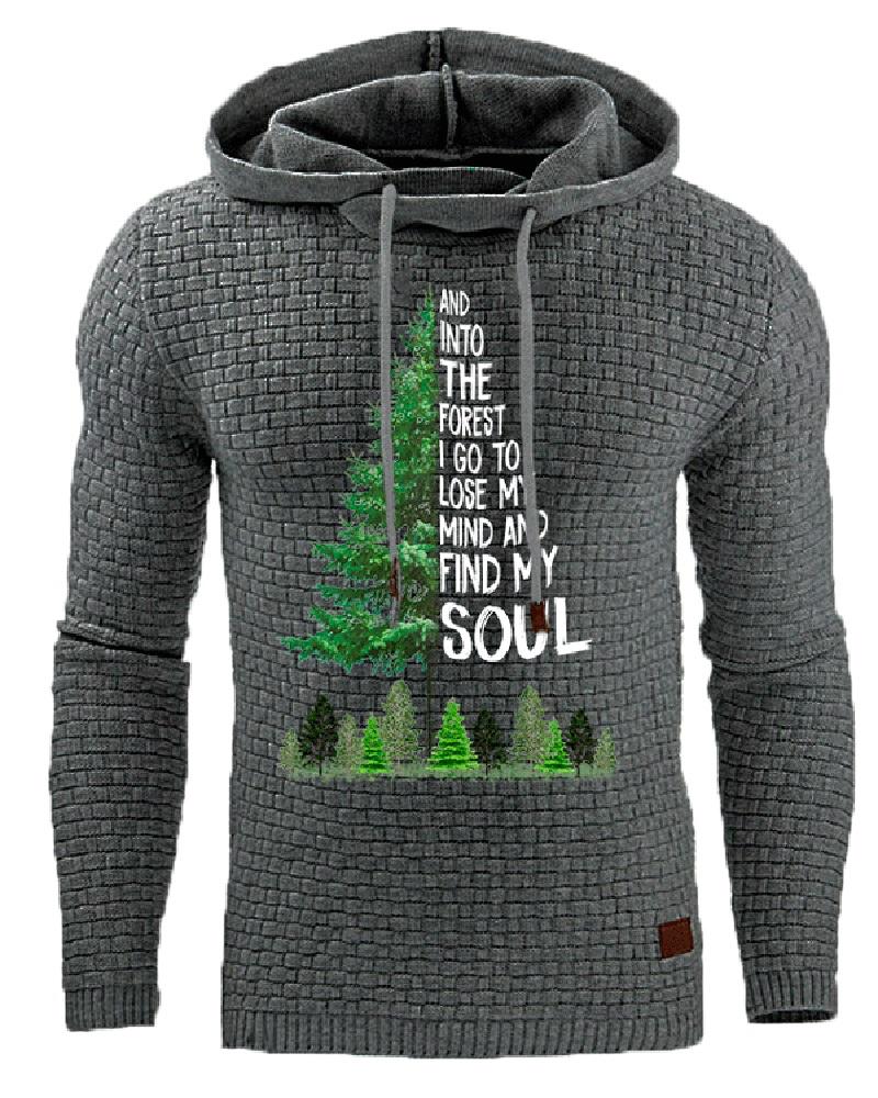 

Men Letter Tree Print Long Sleeve Hooded Top, Dark grey