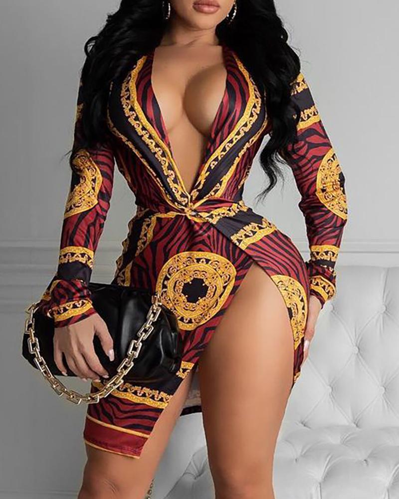

Graphic Print Plunge High Slit Bodycon Dress, Brown