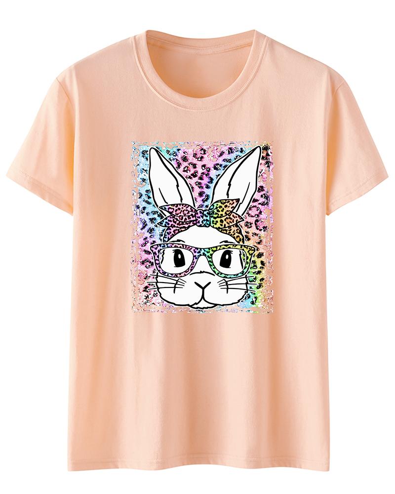 

Easter Leopard Bunny Print Casual T-shirt, Pink