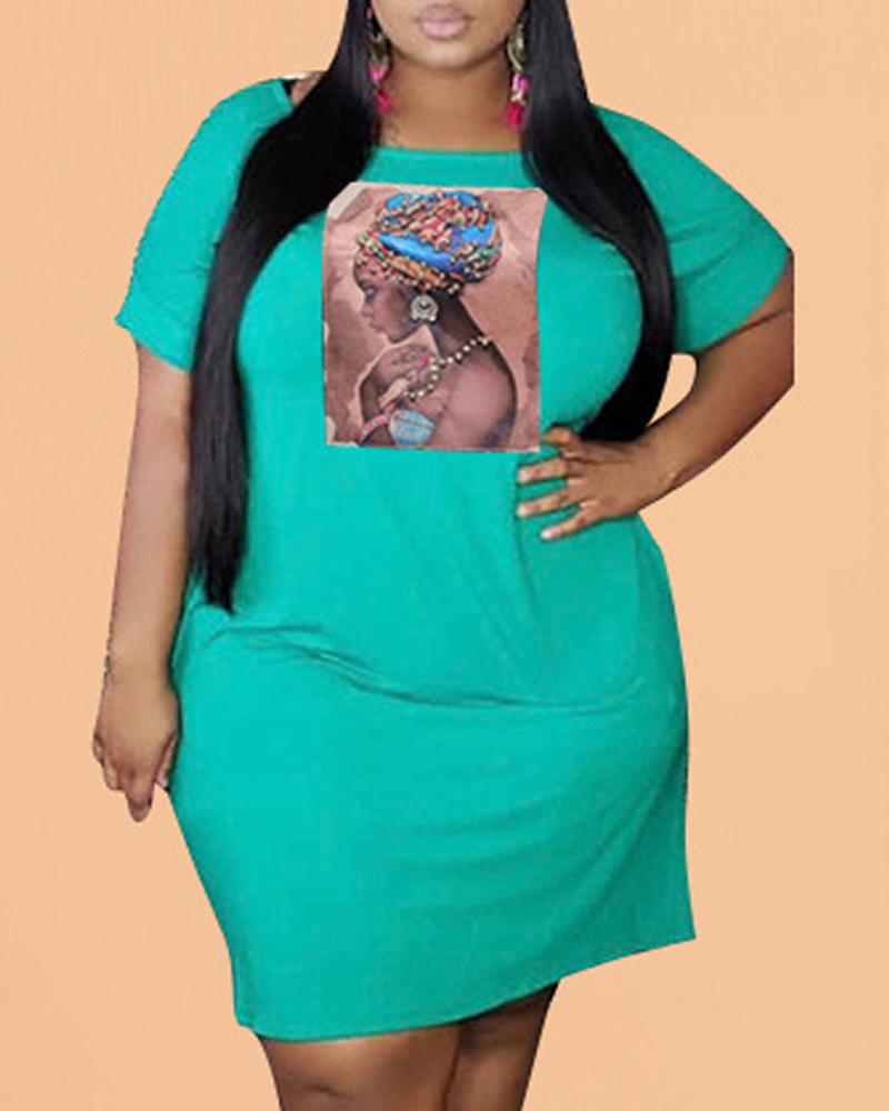 

Plus Size Figure Print Short Sleeve Casual Dress, Green