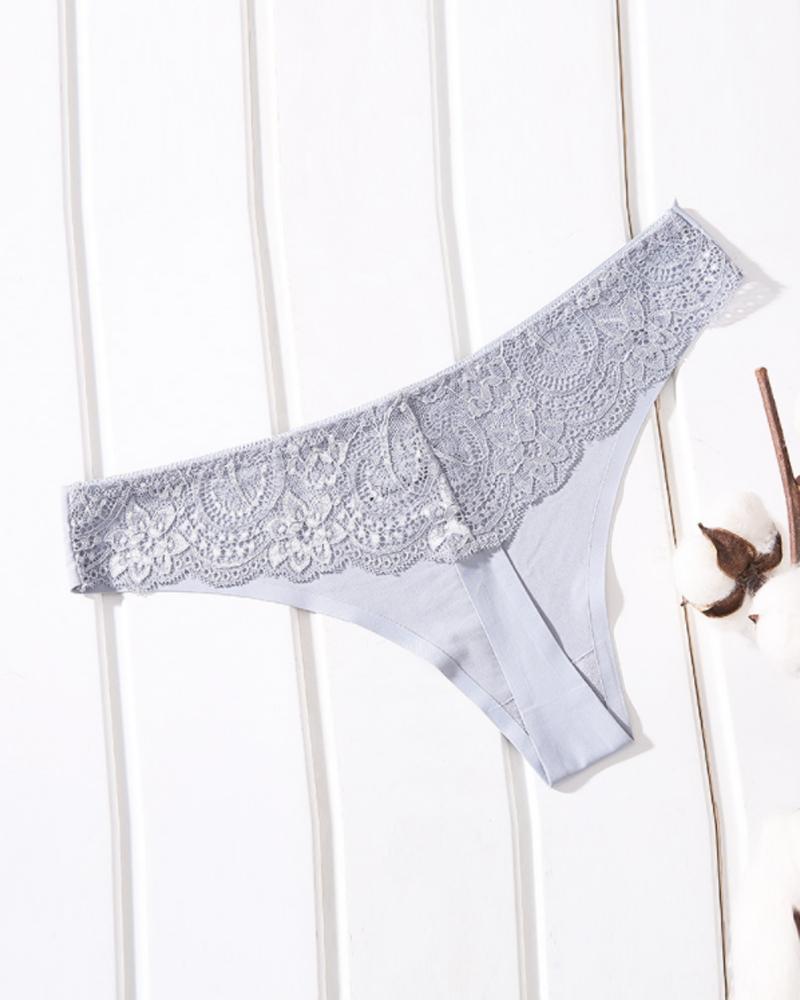 

Contrast Lace Seamless Breathable Thong Panty, Gray