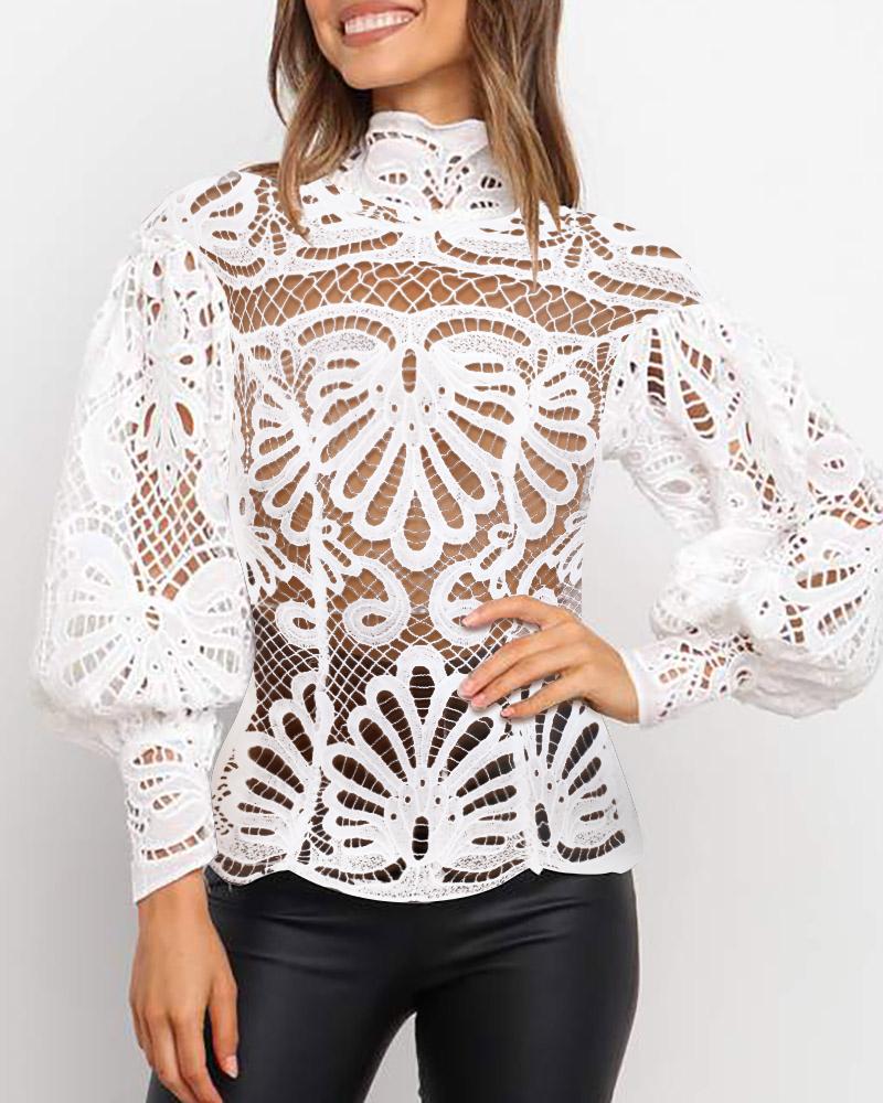 

Hollow Out High Neck Lace Long Lantern Sleeve Top, White