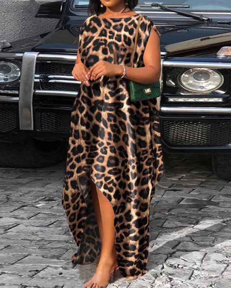 

Plus Size Leopard Print Dip Hem Sleeveless Casual Dress, Brown