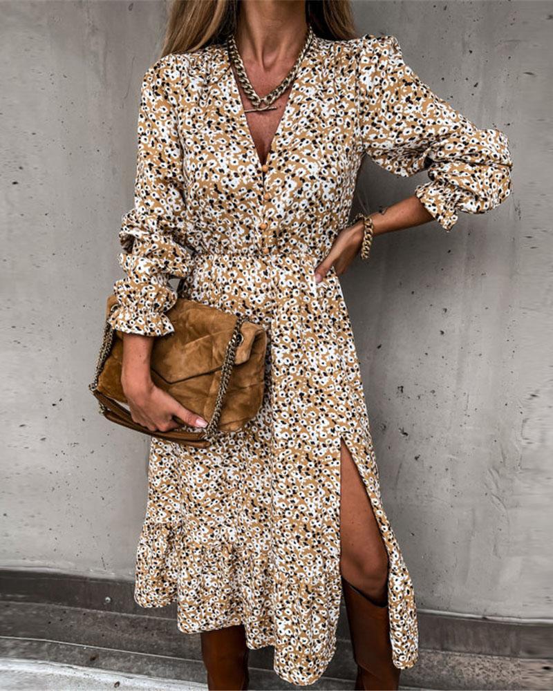 

Long Sleeve Split Thigh Ditsy Floral Print Dress, Yellow