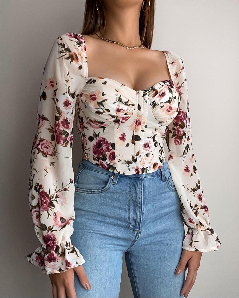 

Floral Print Flounce Sleeve Ruched Bust Crop Top, Beige