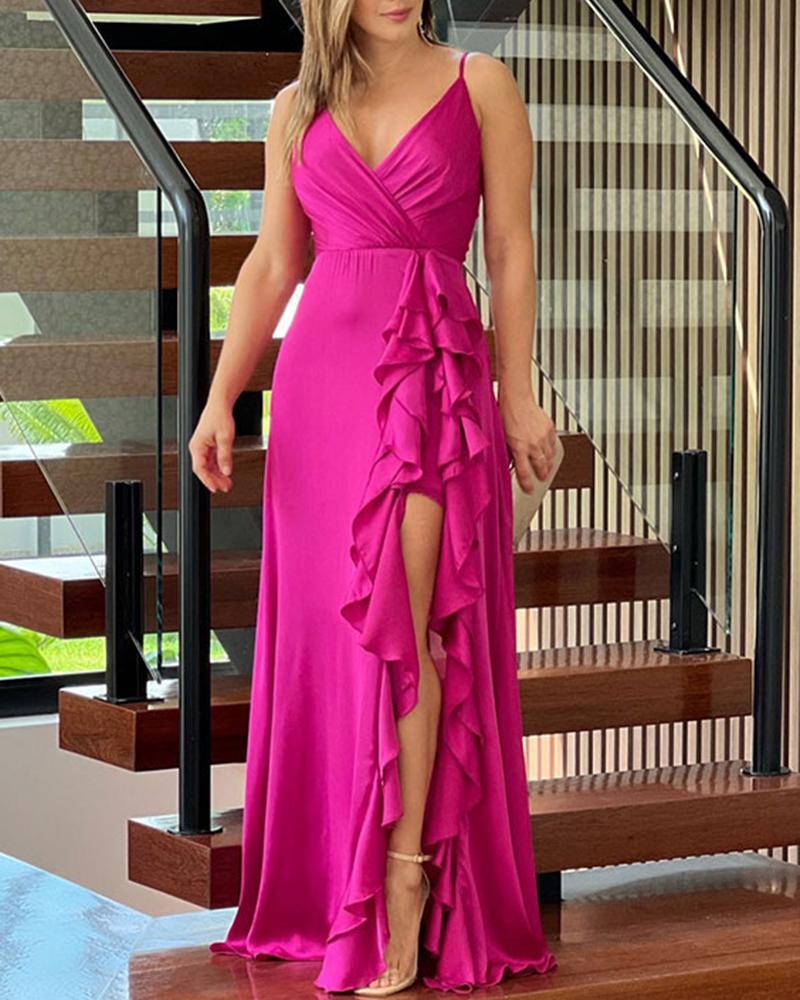 

Ruffle Hem High Slit Cami Evening Dress, Rose red