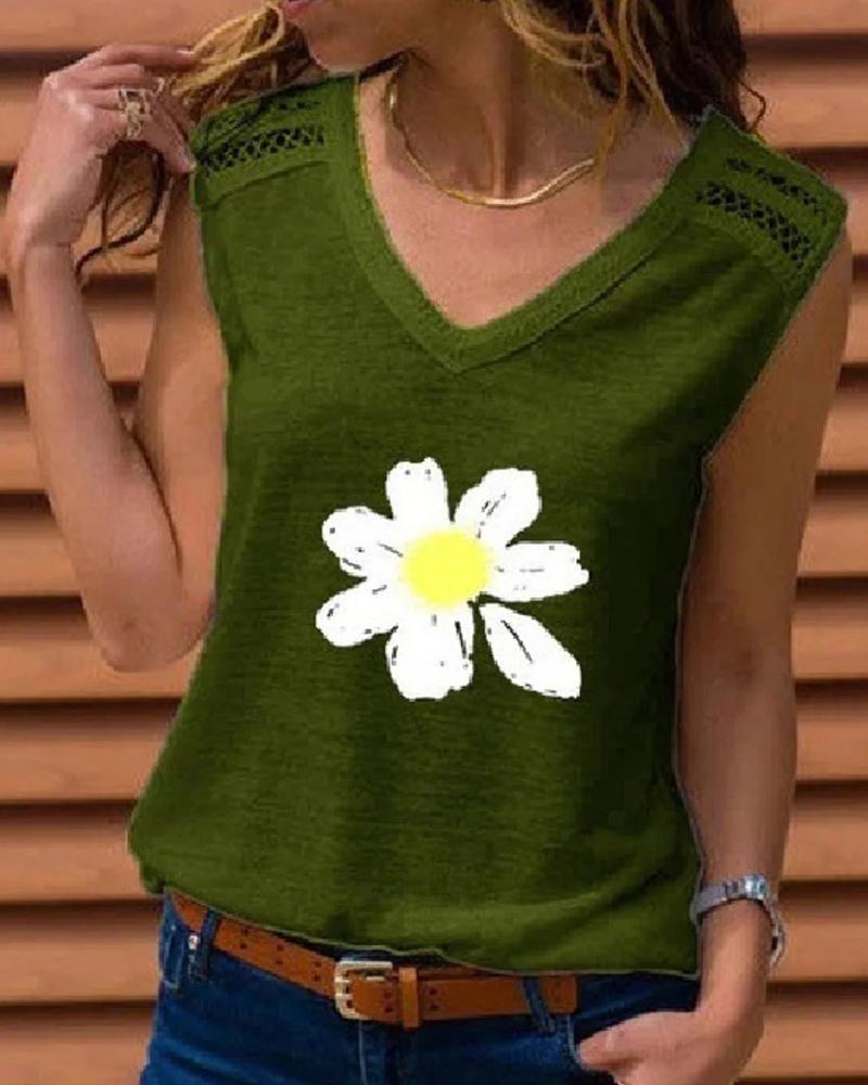 

Daisy Print Sleeveless Tank, Green