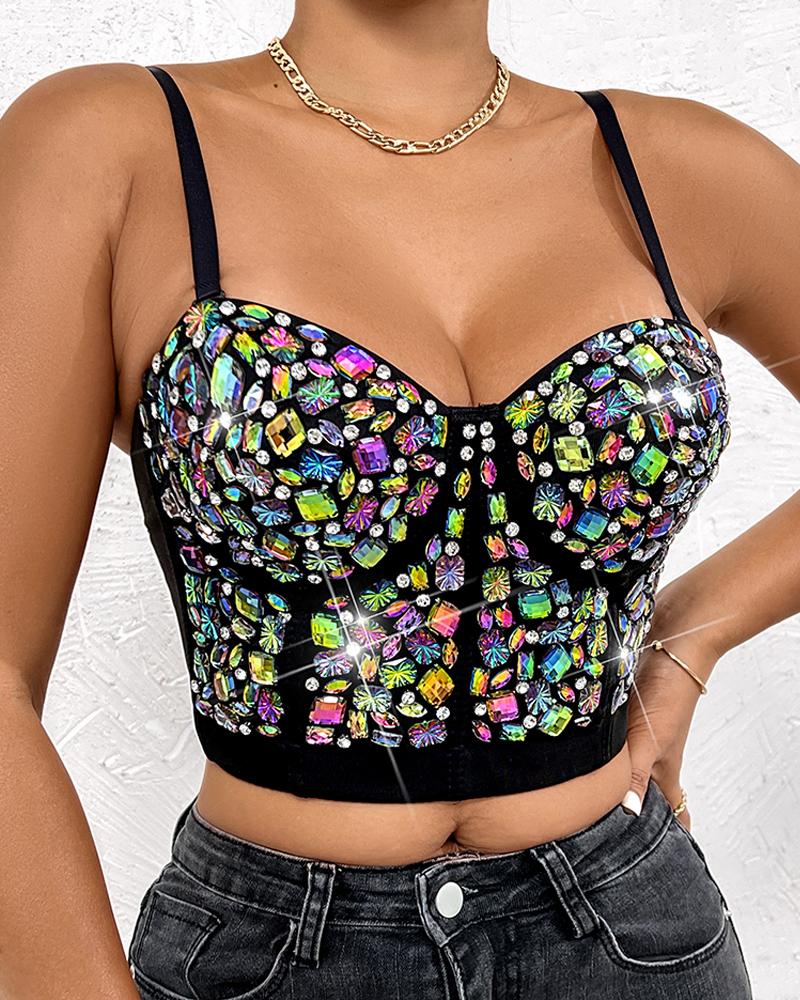 

Colorful Gem Stone Decor Buckle Back Crop Corset Top, Black