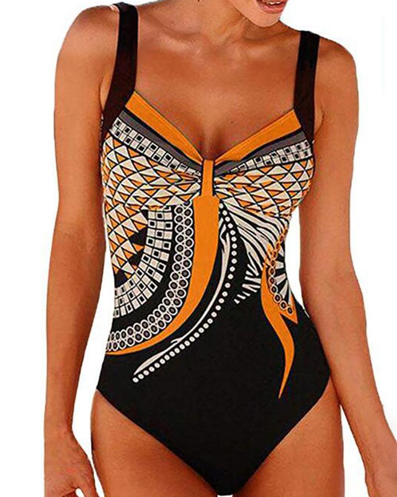 

Backless Retro Print One Piece Swimsuit, Orange