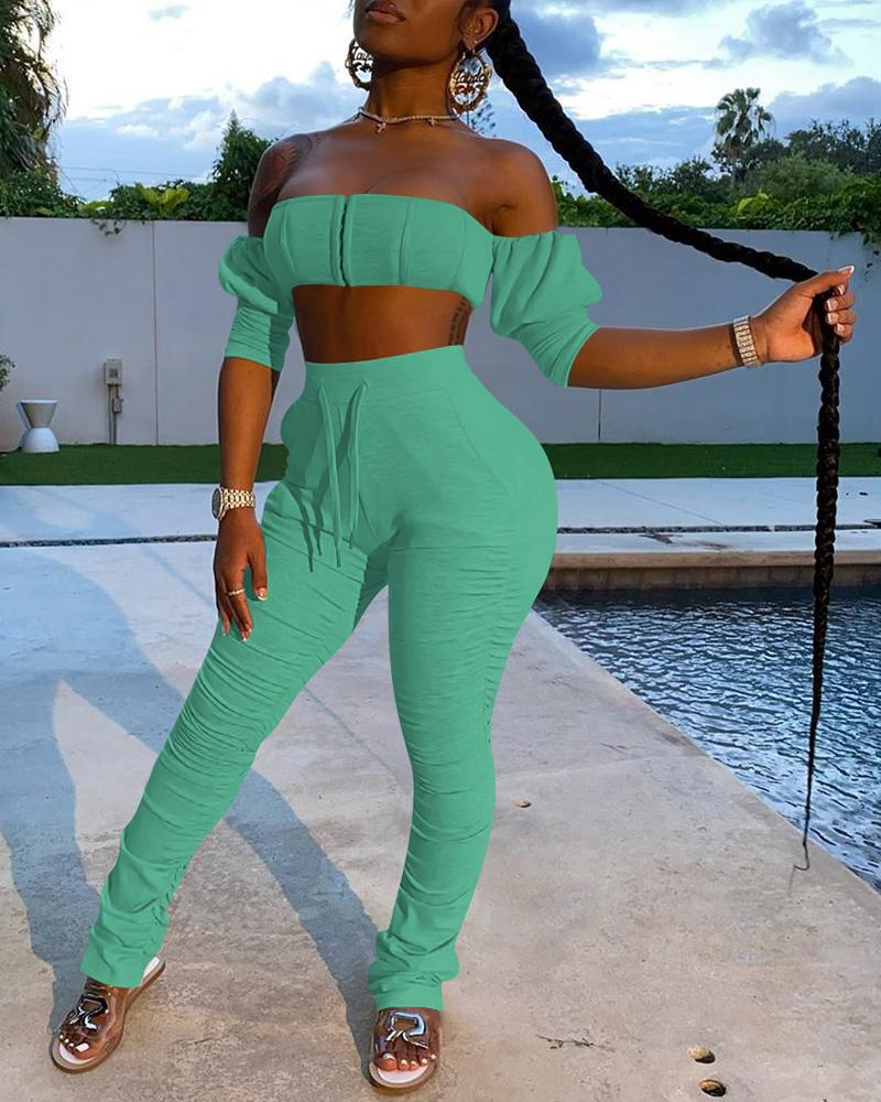 

Off Shoulder Crop Top & Drawstring High Waist Pants Set, Green