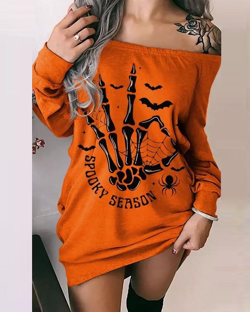 

Off Shoulder Skeleton Letter Print Casual Dress, Orange