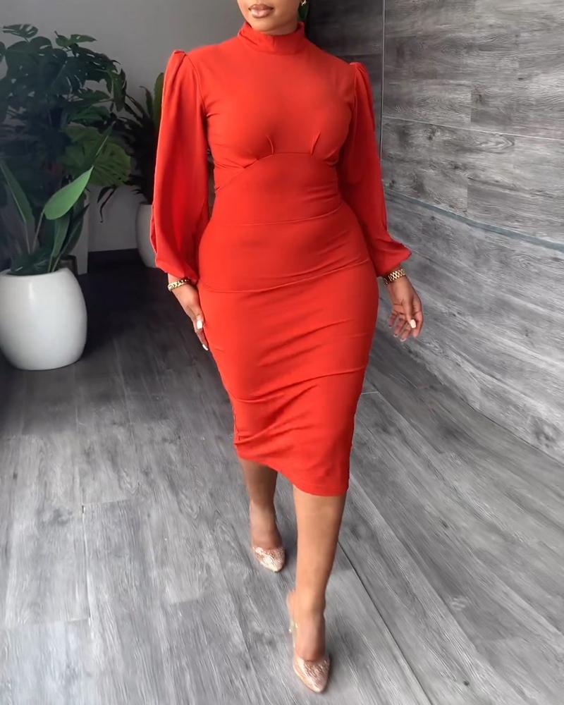

Plain Puff Sleeve Work Dress, Red