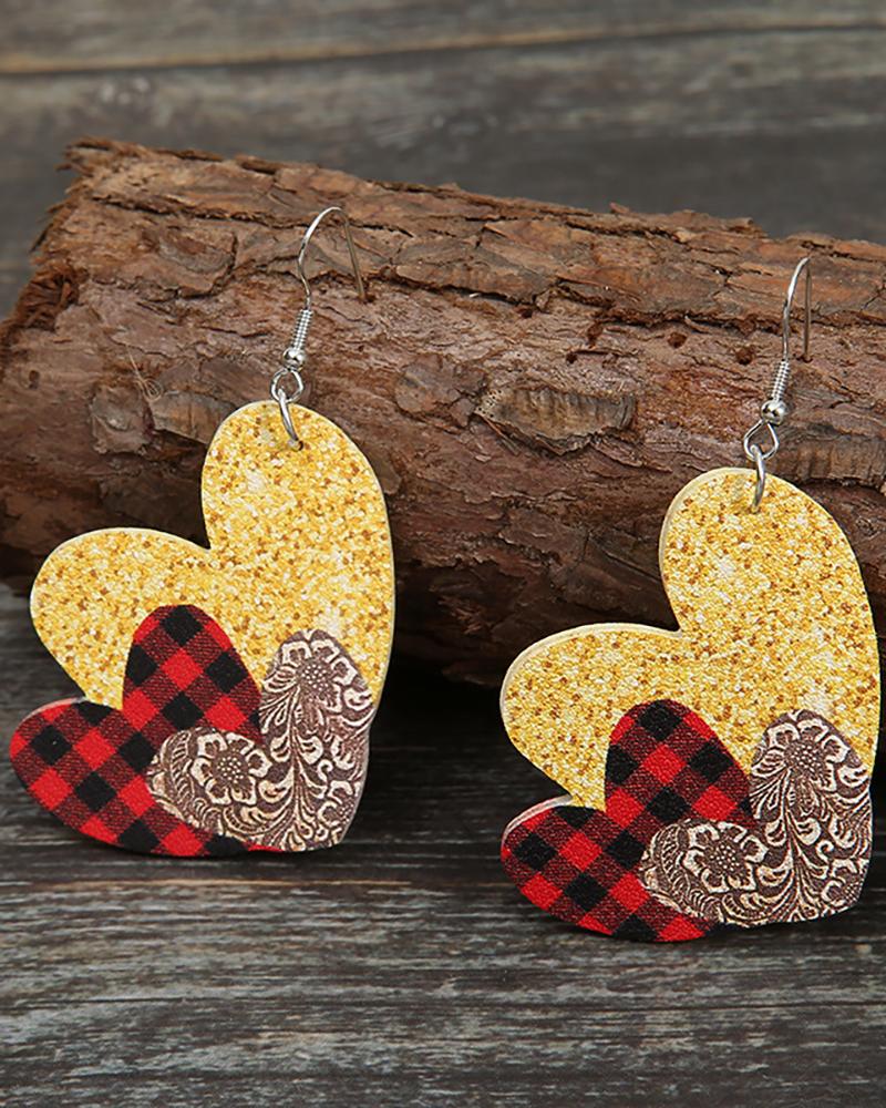 

Valentine's Day Heart Shaped Plaid Print Sequins Drop Earrings, Gold