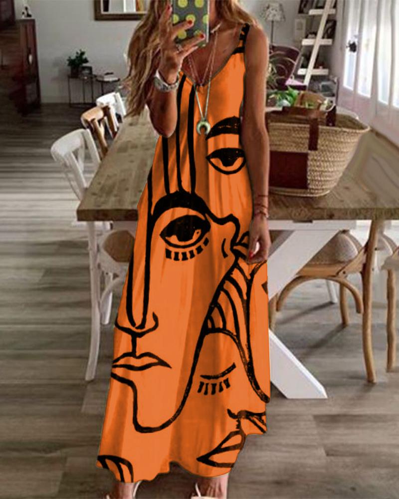 

Abstract Figure Print V-Neck Maxi Dress, Orange