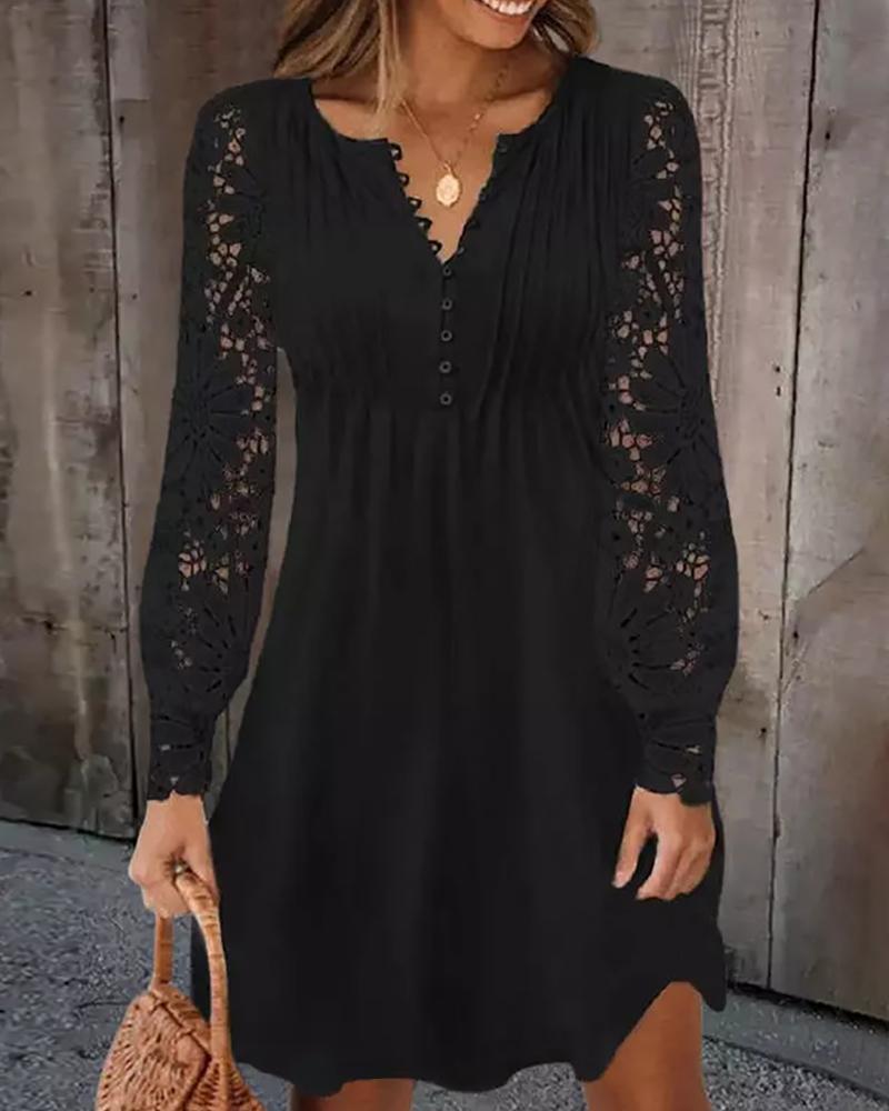 

Lace Patch Buttoned Ruched Casual Dress, Black