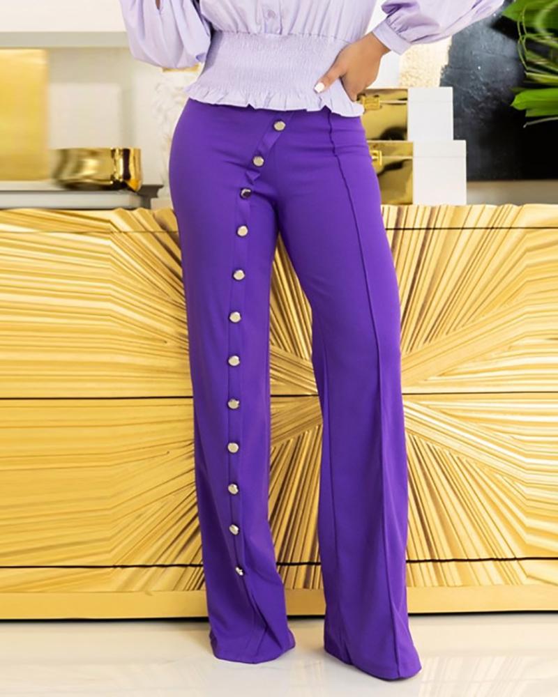 

High Waist Button Design Wide Leg Pants, Purple
