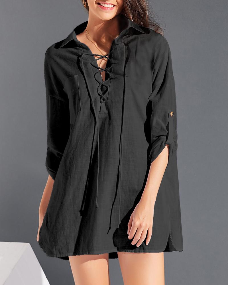 

Plain Lace-up Side Slit Casual Dress, Black