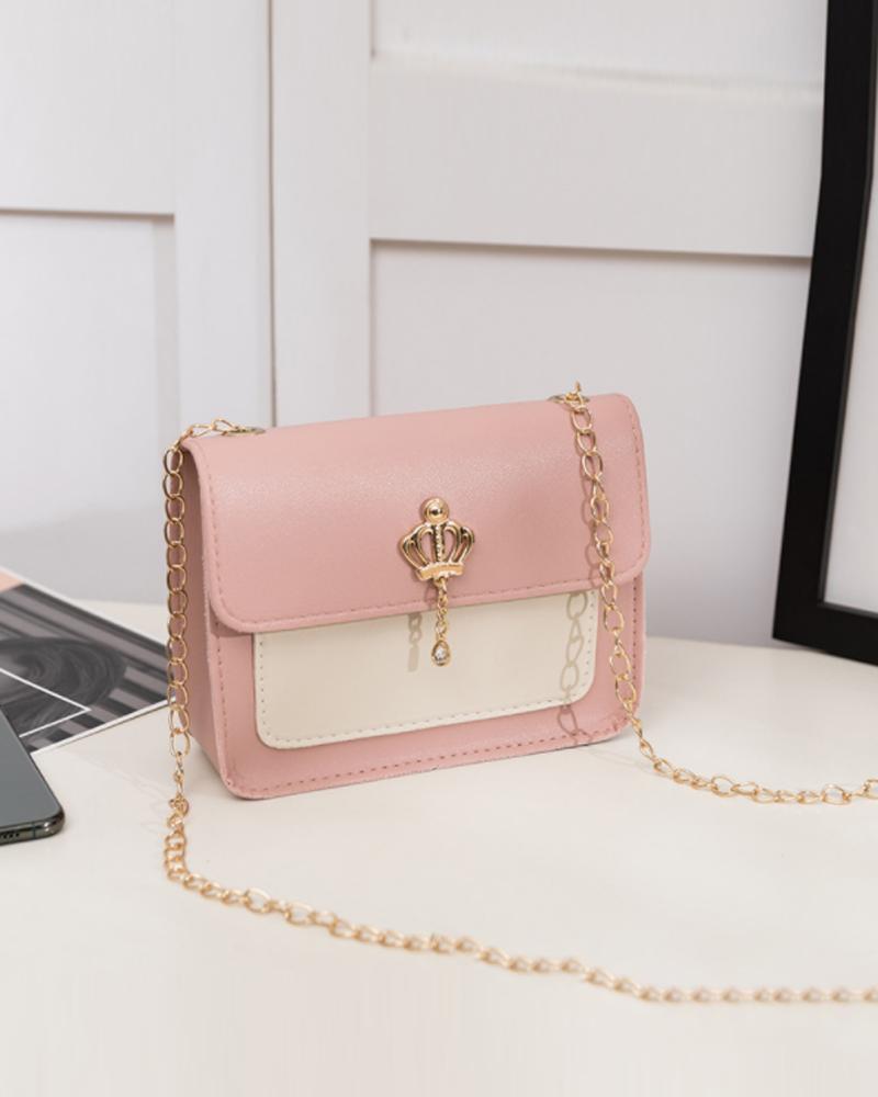 

Crown Decor Lock Chain Strap Flap Shoulder Bag, Pink