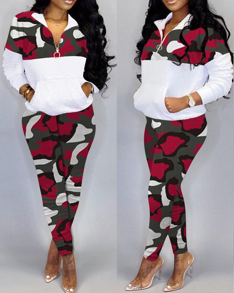 

Camo Print Zip Front Long Sleeve Top & Pants Set, Red