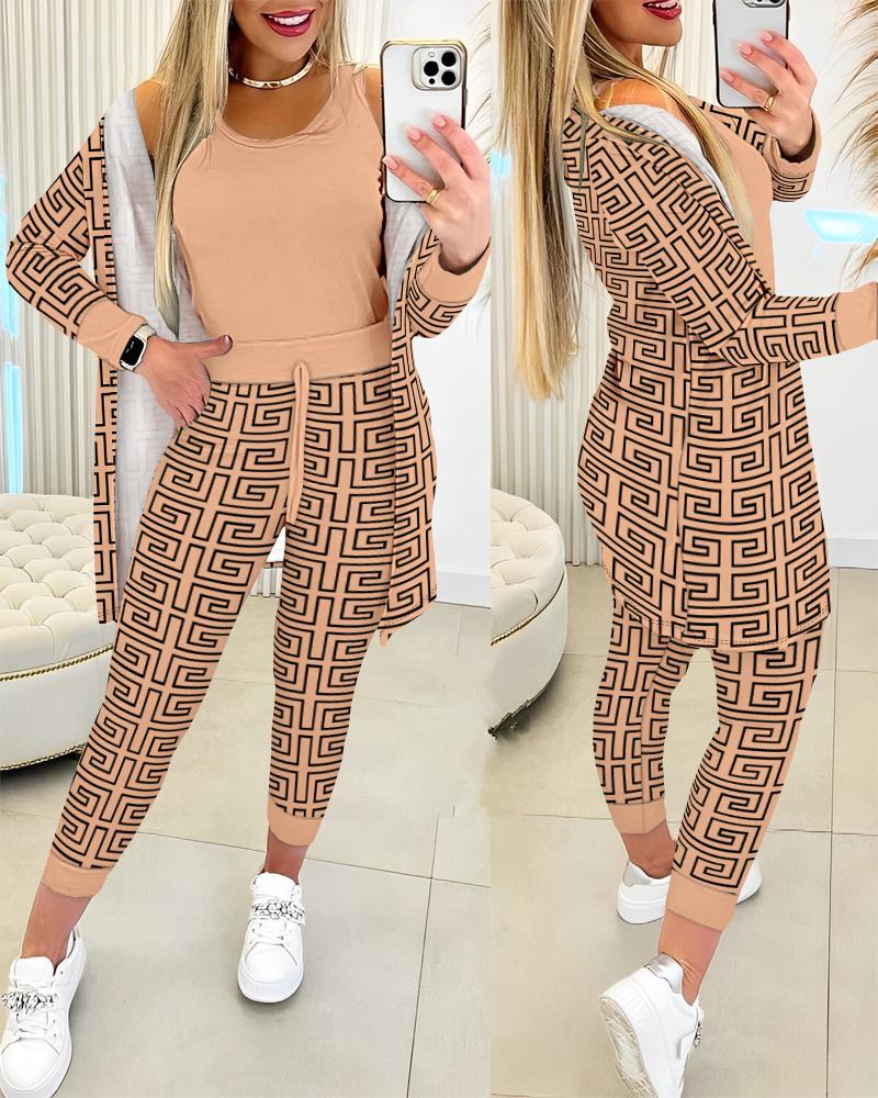 

Tank Top & Geometric Print Drawstring Pants Set With Coat, Brown